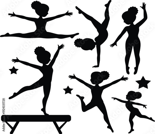 Silhouette Gymnastics Poses with Stars and Balance Beam female girl