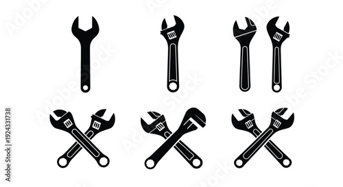 Adjustable wrenches appear in single and crossed views.