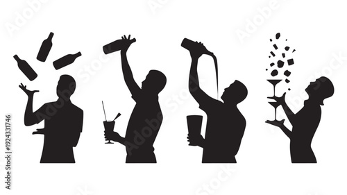 Vector Illustration Of Silhouette Bartender Preparing Cocktails For Bar And Restaurant Advertising