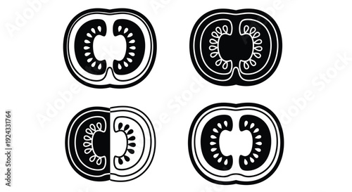 Four cross sections of tomato showing seeds and pulp.