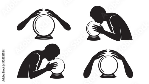 Vector Illustration Of Silhouette Of Person Looking Into Crystal Ball For Mysticism And Fortune Telling Concept