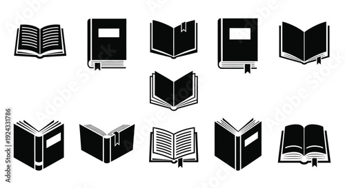 Ten assorted black and white open and closed books.