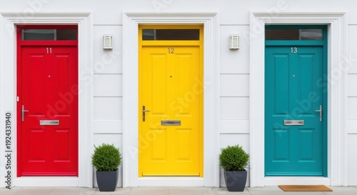 A row of colorful doors on a white house with potted plants