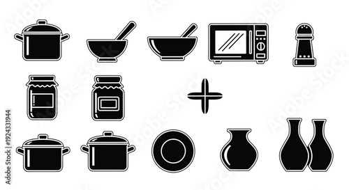 Kitchen utensil icons include pots, bowls, and microwaves.