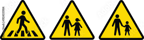 Set of Yellow Pedestrian and School Warning Traffic Signs