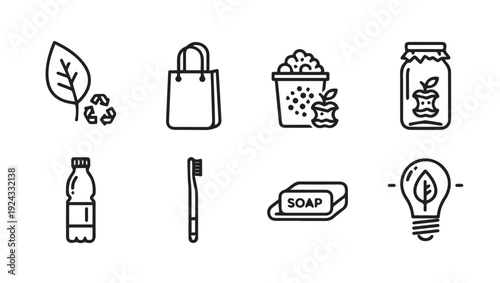 Eco Friendly Icons Set: Leaf Bag Trash Jar Bottle Toothbrush Soap Lightbulb