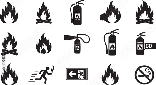 Black and white fire safety including flames fire extinguishers and no smoking signs smoke