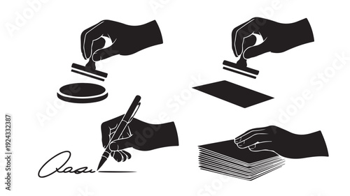 Vector Illustration Of Hands Signing, Stamping, And Stacking Documents For Business And Administration