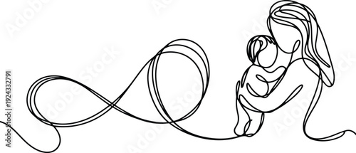 Mother holding child, single line art, abstract, gentle hug, love, connection, infinity symbol flowing
