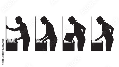 Vector Illustration Of Silhouetted People Lifting And Moving Heavy Boxes In Different Postures For Workplace Safety And Ergonomics Concept