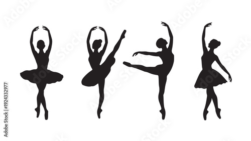 Vector Silhouette Of Four Ballerinas In Various Dance Poses On White Background For Ballet And Dance Concepts