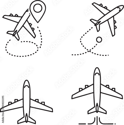 : Air travel concept illustration with airplane and location pins. Flight departure and destination theme featuring aircraft and map marker symbols in vector style