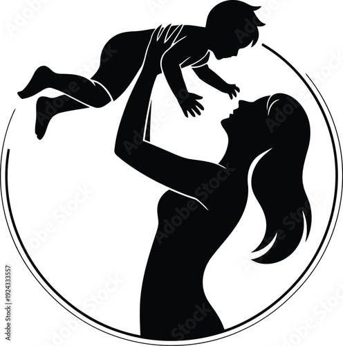 Mother and baby silhouette design, mom raising infant in air with love and care