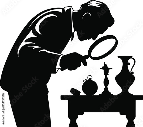 Silhouette of antique dealer examining small object with magnifying glass