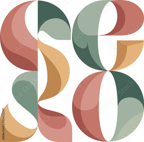 Geometric abstract shapes forming a pattern with pastel colors and subtle shading against a gray grid background