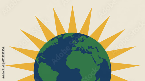 Eco friendly globe icon with sun rays on beige background for sustainable energy and environmental conservation