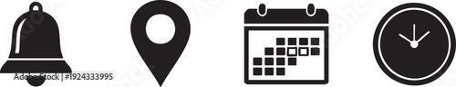 Black and white of bell map calendar and clock map pin