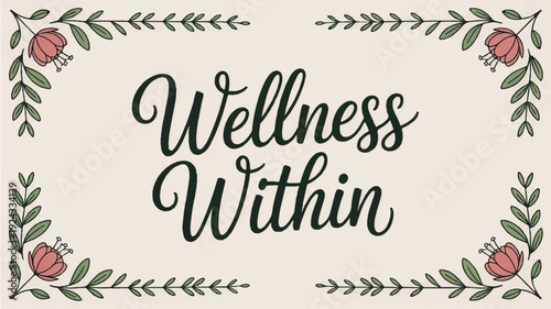 Soft green calligraphy wellness within decorative floral border