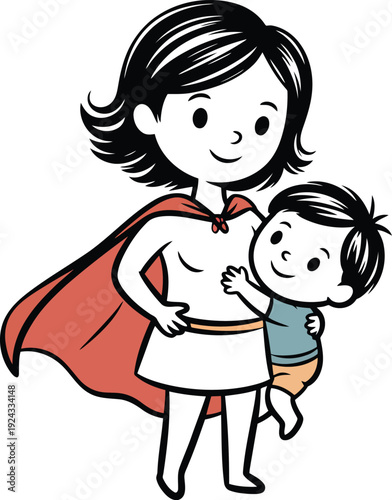 Superhero mom holding her child with love, celebrating mothers with cape, motherhood and protection