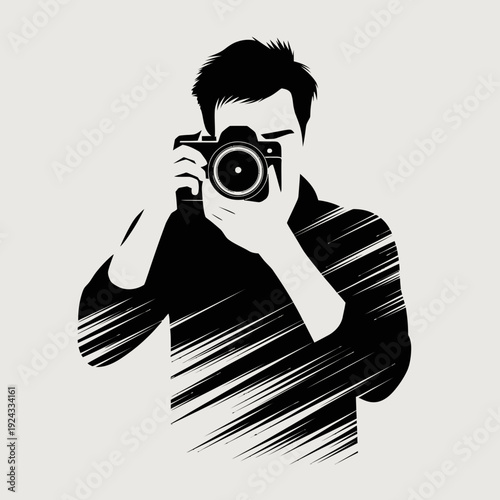 A black and white silhouette of a person passionately taking a photograph with a camera. isolated on white background, Vector, illustration