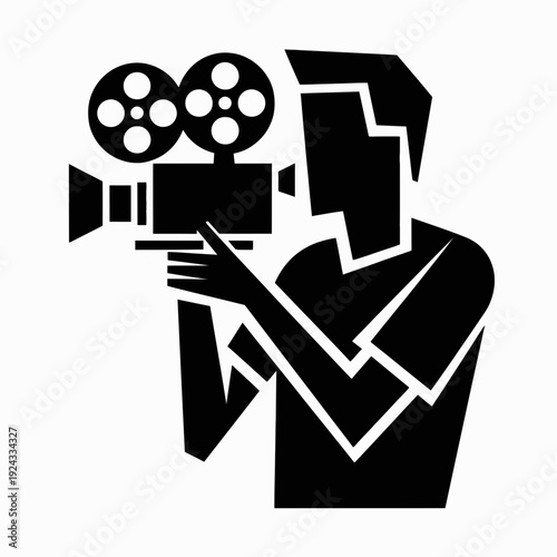Silhouetted filmmaker operating a vintage movie camera outdoors isolated on white background, Vector, illustration