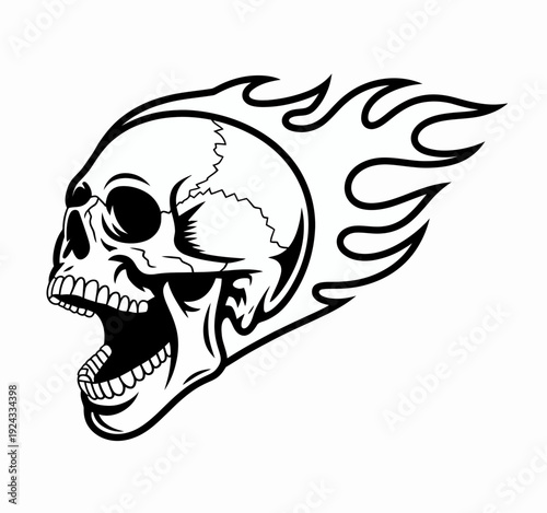 A stylized skull with fiery flames emanating from its mouth in bold black and white isolated on white background, Vector, illustration