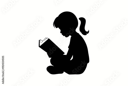 A young girl engrossed in reading a book while sitting comfortably on the floor. isolated on white background, Vector, illustration