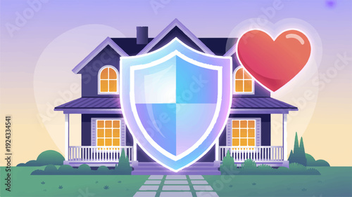 A modern vector illustration of a house with a shield and heart symbolizing home security and love