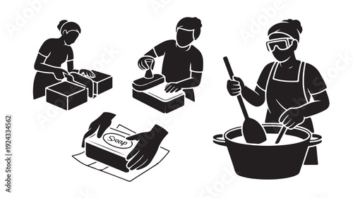 Vector Illustration Of People Making Soap In A Factory For Skincare And Hygiene Products