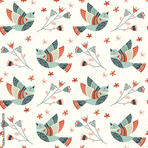 Seamless pattern with decorative folk birds and stylized flowers in Scandinavian style. Hand drawn ornament Repeating background for textile, wallpaper, printout. Nordic spring vector illustration.