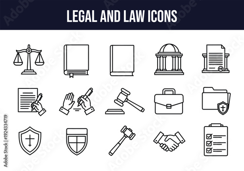 Collection of legal and law icons for justice and courtroom concepts