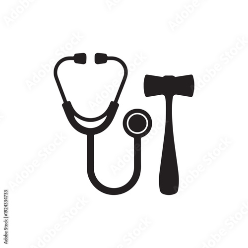 Medical Stethoscope and Reflex Hammer Silhouette Icon – Healthcare Diagnostic Tools Vector