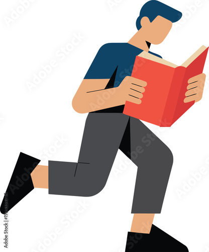 Man running while reading book, concept of fast learning and knowledge acquisition