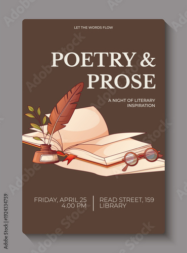 Vintage literary event poster with vector illustration of open books, quill and inkwell. Classic poetry and prose night invitation template with elegant typography and warm brown background.