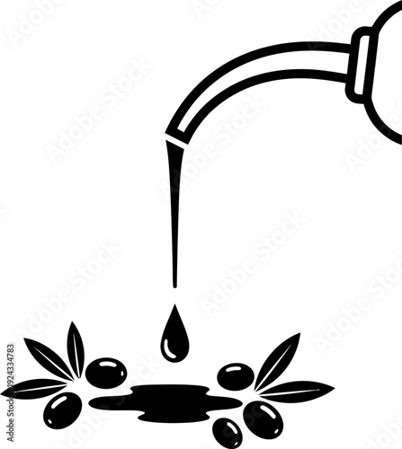 Olive oil pouring from bottle onto olives and olive leaves. Cooking ingredient, healthy food concept. Vector icon for menu, label