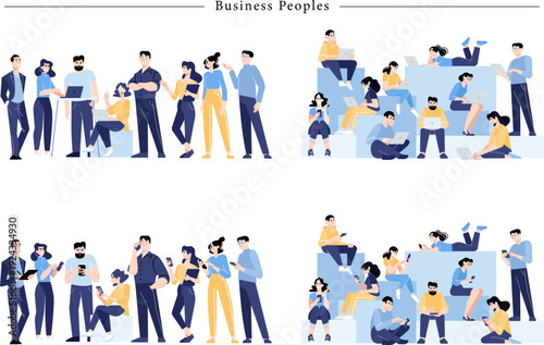 4 Business People Illustrations Professional Team Lineups and Dynamic Coworking Scenes in Periwinkle, Navy and Citrus Yellow