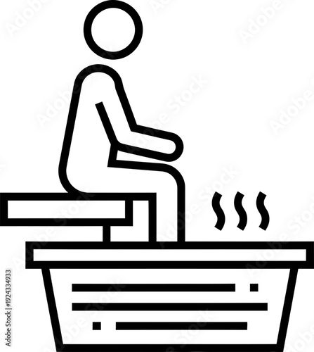 Man doing foot bath treatment in a bowl. Spa and wellness concept. Outline vector icon for health care design
