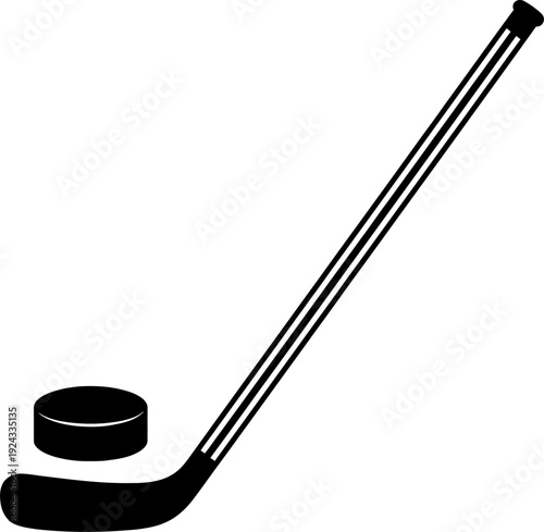 Hockey stick and puck simple icon, ice hockey equipment silhouette, winter sport symbol, minimalist sports monochrome clipart