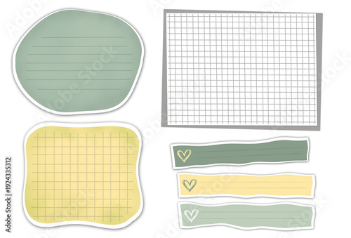 Set of  decorative note papers templates in  pastel sage green- yellow colors. with grid and horizontal lines for writing . School education, digital planning, journaling, scrapbooking,concept.