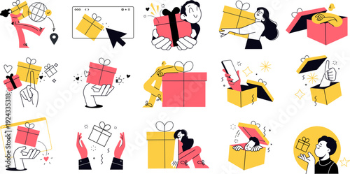 15 Gift and Surprise Conceptual Icons Unboxing, Present Delivery and Digital Gifting in Periwinkle, Salmon Pink and Citrus Yellow Flat Style