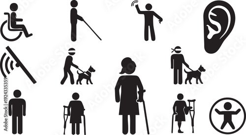 Black and white of people with disabilities accessibility disability wheelchair guide dog