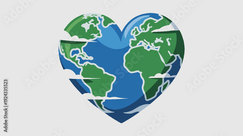 Heart shaped earth globe with green continents and blue oceans on gray background