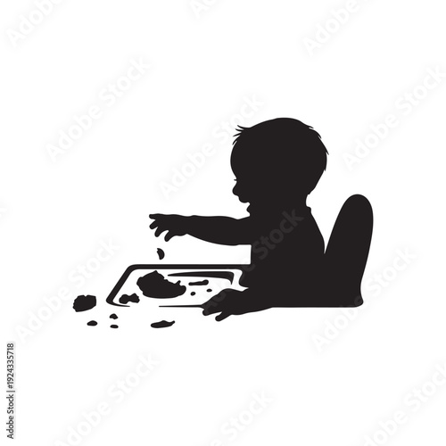 Baby Eating in High Chair Silhouette – Messy Toddler Mealtime Vector Illustration