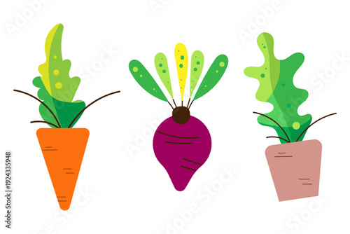 Vibrant cartoon vegetables growing in garden with lush green leaves