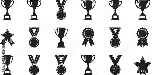 Black and white of trophies medals stars and ribbons trophy recognition