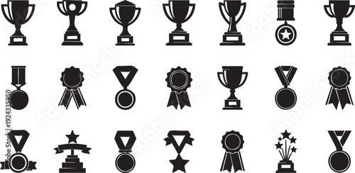 Black and white of trophies and medals trophy prize symbol