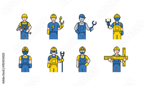 Construction workers illustrated with tools in a simple colorful style