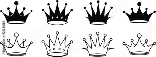 Collection of black crown illustrations in various line styles