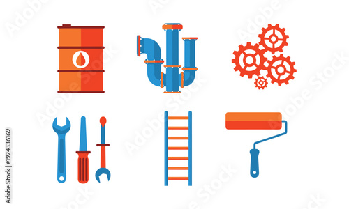 Industrial elements including oil barrel tools and machinery components
