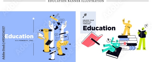 2 Education Banner Illustrations Learning Tools and Knowledge in Motion with Hands Holding Pencils, Books and Digital Cursors in Citrus Yellow and Soft Blue